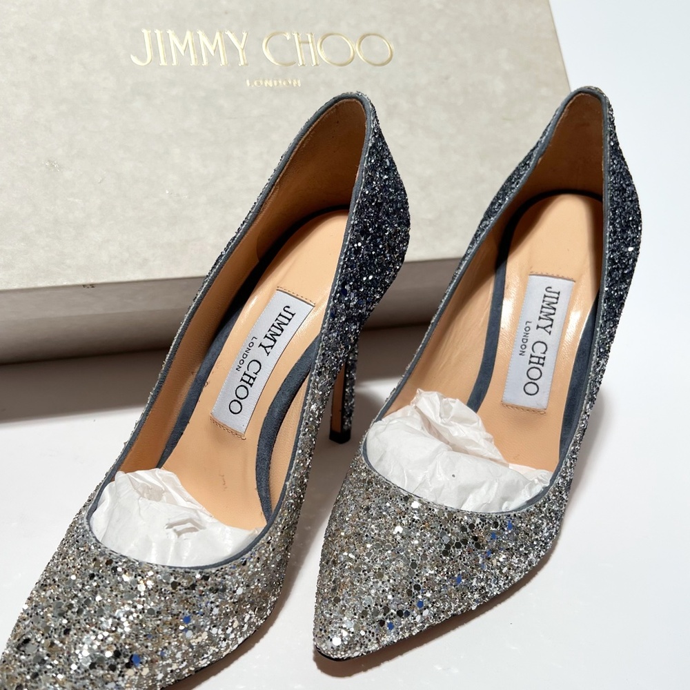 Jimmy Choo Romy 100 Silver Dusk BlueOmbre Glitter EU 36- - Picture 4 of 13